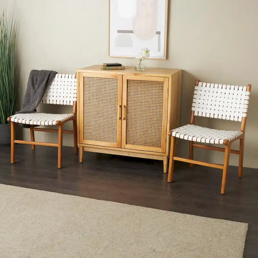 Leather Handmade Woven Dining Chair with Teak Wood Frame - Set of 2 Brown, White or Black- Roche River Decor