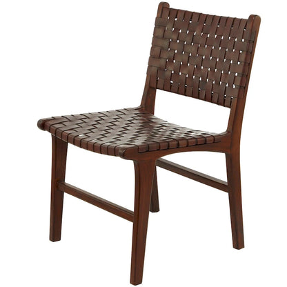 Leather Handmade Woven Dining Chair with Teak Wood Frame - Set of 2 Brown, White or Black- Roche River Decor