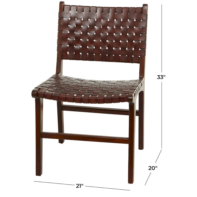 Leather Handmade Woven Dining Chair with Teak Wood Frame - Set of 2 Brown, White or Black- Roche River Decor