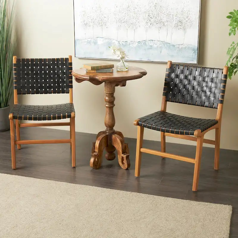 Leather Handmade Woven Dining Chair with Teak Wood Frame - Set of 2 Brown, White or Black- Roche River Decor