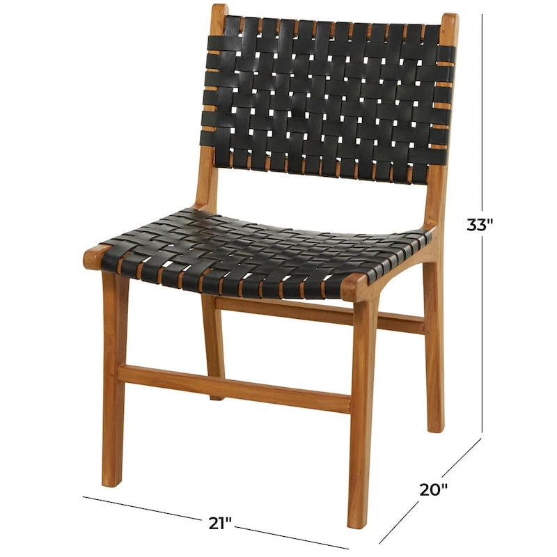 Leather Handmade Woven Dining Chair with Teak Wood Frame - Set of 2 Brown, White or Black- Roche River Decor