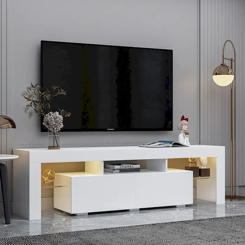 Modern TV Stand up to 70 TV with 2 Drawers & Shelves, LED Lights - 63W x 14D x 18H