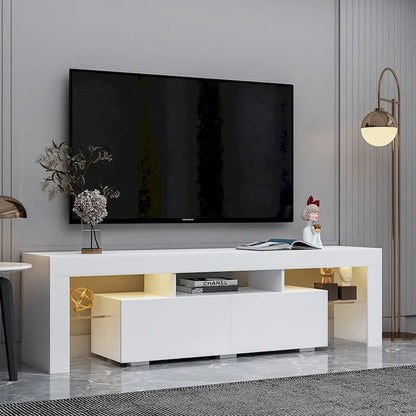 Modern TV Stand up to 70 TV with 2 Drawers & Shelves, LED Lights - 63W x 14D x 18H