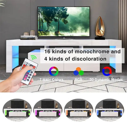 Modern TV Stand up to 70 TV with 2 Drawers & Shelves, LED Lights - 63W x 14D x 18H