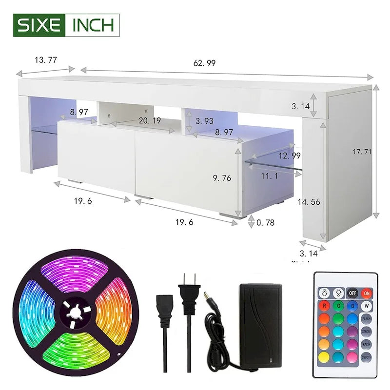 Modern TV Stand up to 70 TV with 2 Drawers & Shelves, LED Lights - 63W x 14D x 18H