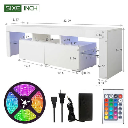 Modern TV Stand up to 70 TV with 2 Drawers & Shelves, LED Lights - 63W x 14D x 18H