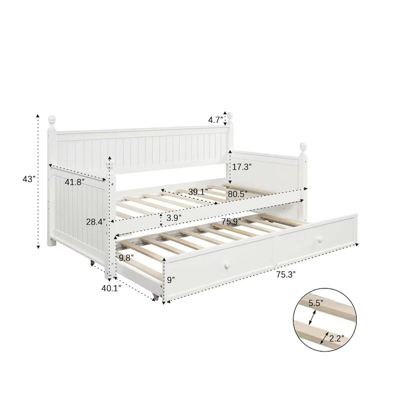 White+Trundle Modern Twin Size Daybed with Trundle & Hidden Storage