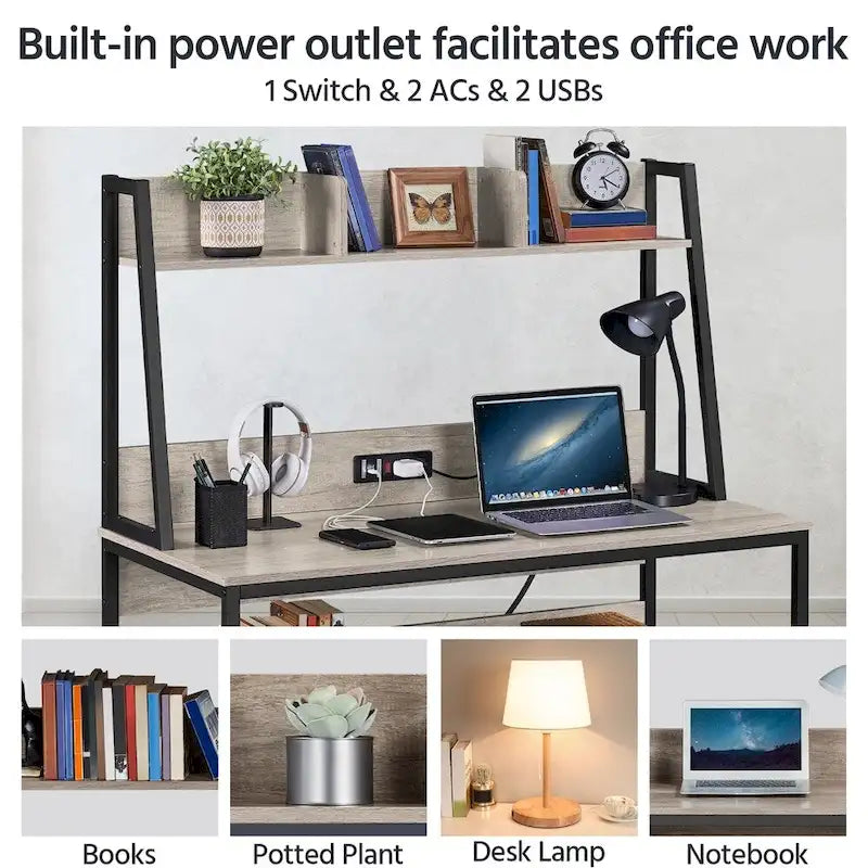 Yaheetech 47.5-inch Home Office Computer Desk with Power Outlet and Elevated Bookshelf