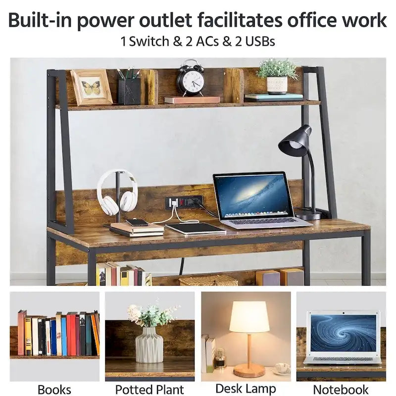 Yaheetech 47.5-inch Home Office Computer Desk with Power Outlet and Elevated Bookshelf