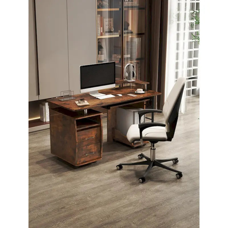 solid wood computer Desk,office table with PC droller,storage shelves and file cabinet,two drawers,CPU tray,a shelf