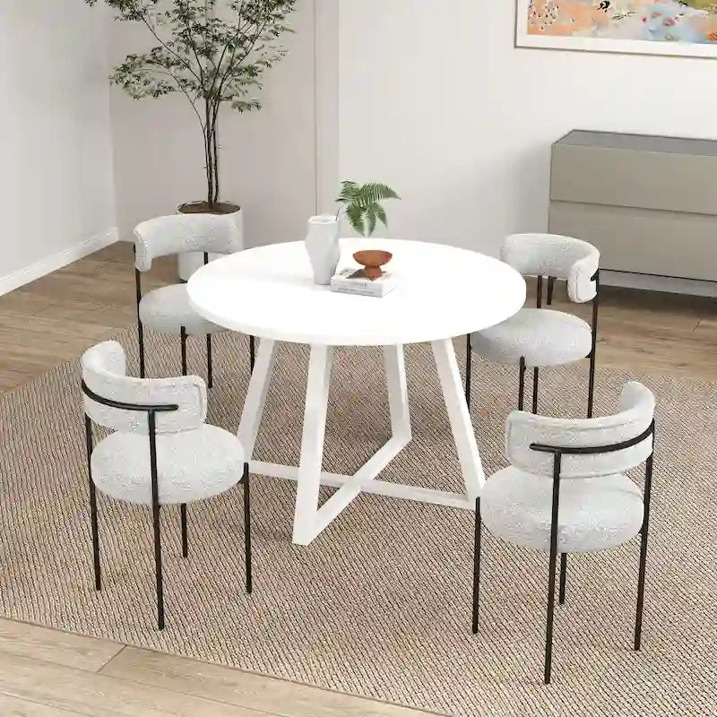 5-Piece Round Dining Set, Trestle Dining Table with 4 Boucle Chairs