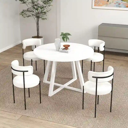 5-Piece Round Dining Set, Trestle Dining Table with 4 Boucle Chairs