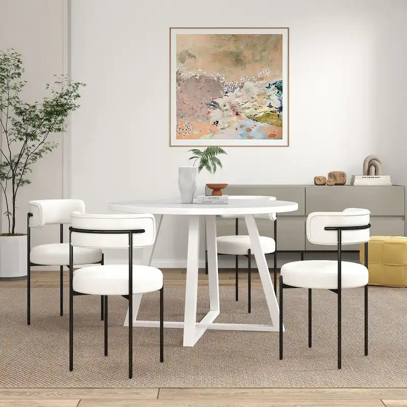 5-Piece Round Dining Set, Trestle Dining Table with 4 Boucle Chairs
