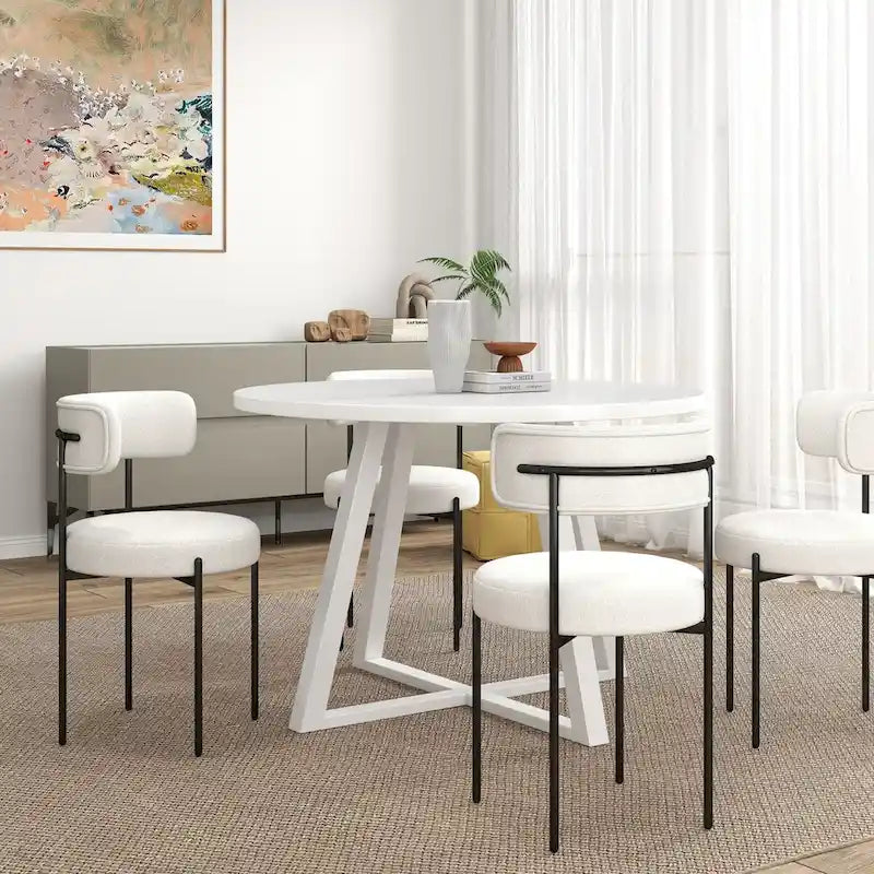 5-Piece Round Dining Set, Trestle Dining Table with 4 Boucle Chairs