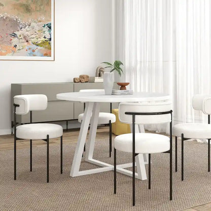 5-Piece Round Dining Set, Trestle Dining Table with 4 Boucle Chairs