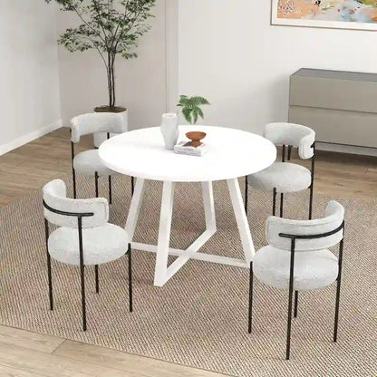 5-Piece Round Dining Set, Trestle Dining Table with 4 Boucle Chairs