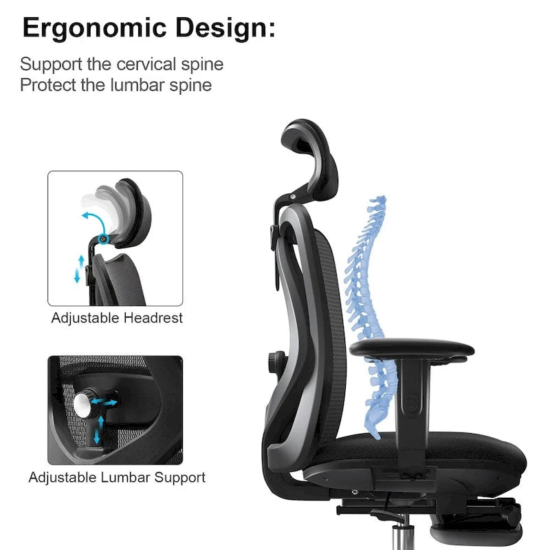 SIHOO Ergonomic Office Chair with Footrest,High Back chair for big and tall, Black - 68*70*130