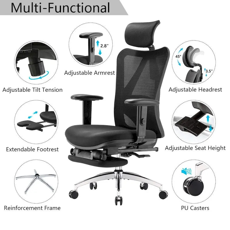 SIHOO Ergonomic Office Chair with Footrest,High Back chair for big and tall, Black - 68*70*130