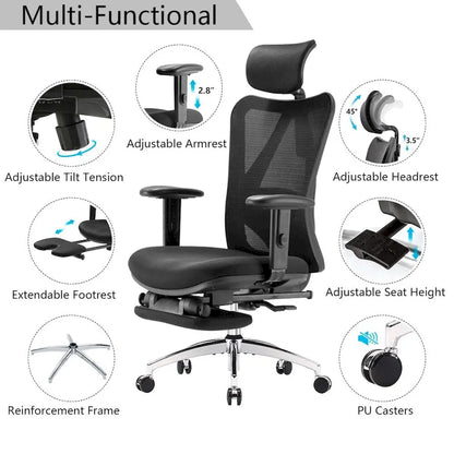 SIHOO Ergonomic Office Chair with Footrest,High Back chair for big and tall, Black - 68*70*130