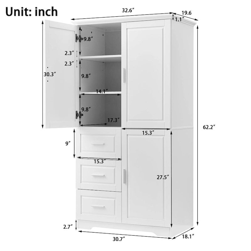 32 in. W x 72 in. H Storage Cabinet with Doors and Three Drawers