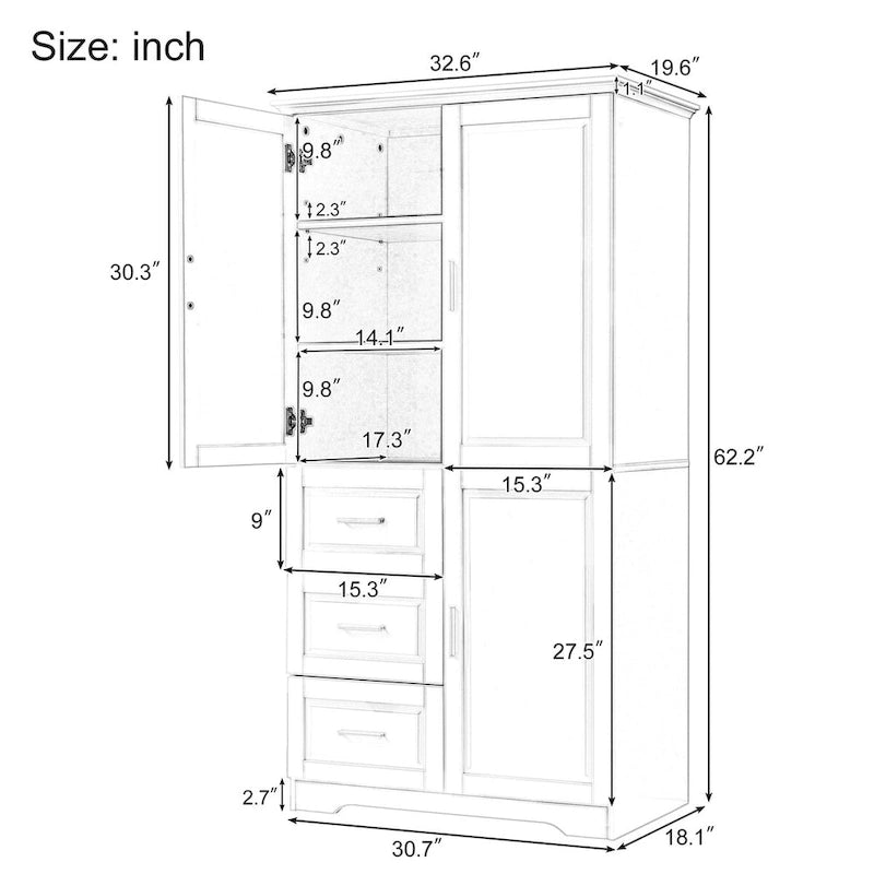 32 in. W x 72 in. H Storage Cabinet with Doors and Three Drawers