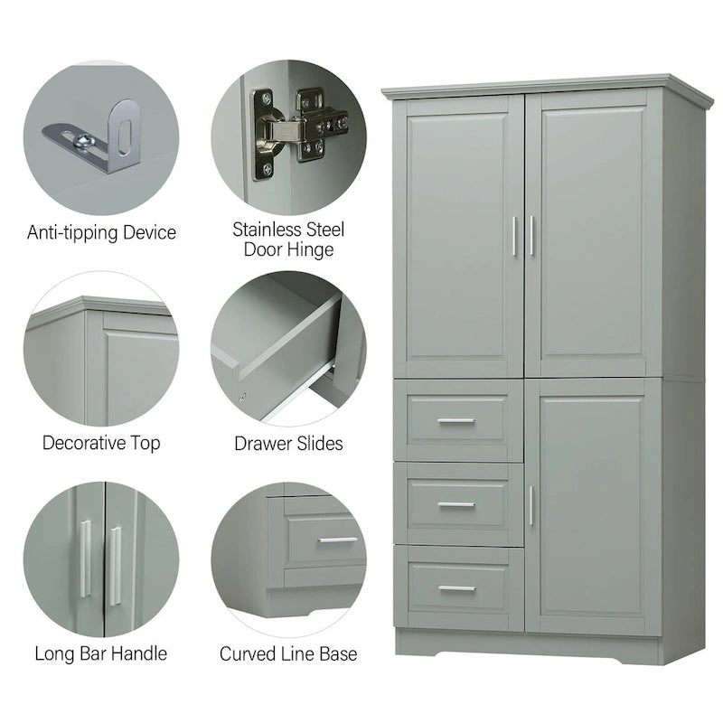 32 in. W x 72 in. H Storage Cabinet with Doors and Three Drawers
