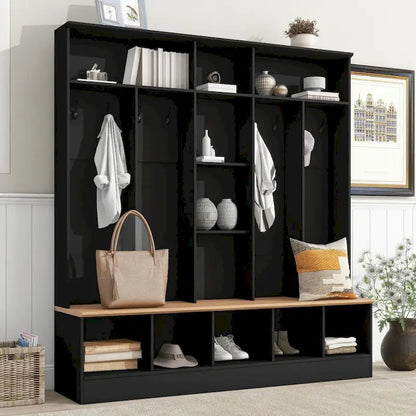 Wide Hall Tree with Storage Bench - Minimalist Shoe Cabinet, Cube Storage, 8 Hooks