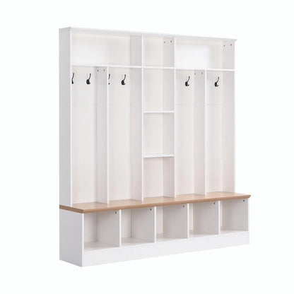 Wide Hall Tree with Storage Bench - Minimalist Shoe Cabinet, Cube Storage, 8 Hooks