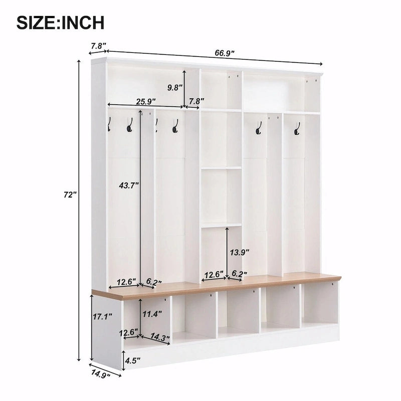 Wide Hall Tree with Storage Bench - Minimalist Shoe Cabinet, Cube Storage, 8 Hooks