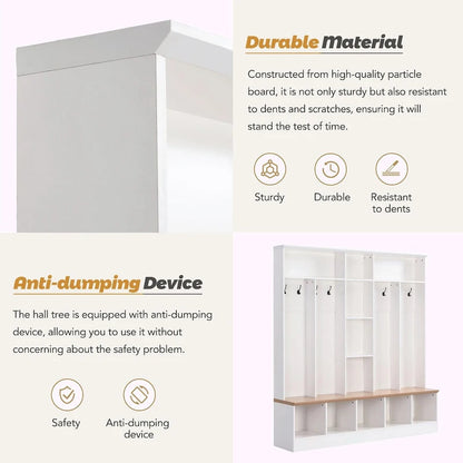 Wide Hall Tree with Storage Bench - Minimalist Shoe Cabinet, Cube Storage, 8 Hooks