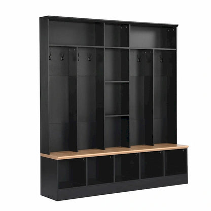 Wide Hall Tree with Storage Bench - Minimalist Shoe Cabinet, Cube Storage, 8 Hooks