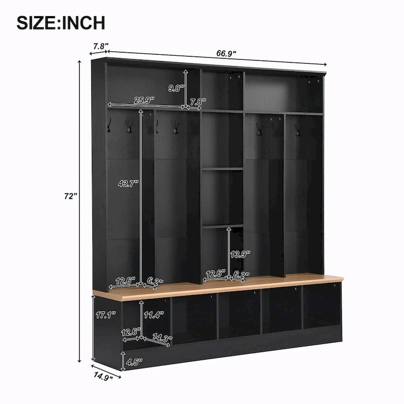 Wide Hall Tree with Storage Bench - Minimalist Shoe Cabinet, Cube Storage, 8 Hooks