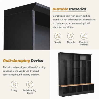 Wide Hall Tree with Storage Bench - Minimalist Shoe Cabinet, Cube Storage, 8 Hooks