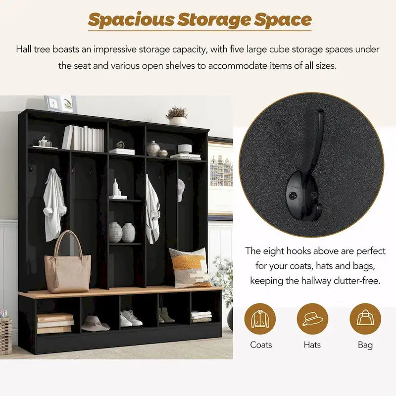 Wide Hall Tree with Storage Bench - Minimalist Shoe Cabinet, Cube Storage, 8 Hooks
