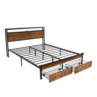 King/Queen/Full Size Metal Platform Bed Frame with Headboard and Footboard with USB, Charging Station, 2 Drawers, LED Lights