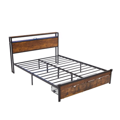 King/Queen/Full Size Metal Platform Bed Frame with Headboard and Footboard with USB, Charging Station, 2 Drawers, LED Lights
