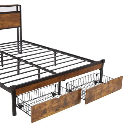 King/Queen/Full Size Metal Platform Bed Frame with Headboard and Footboard with USB, Charging Station, 2 Drawers, LED Lights