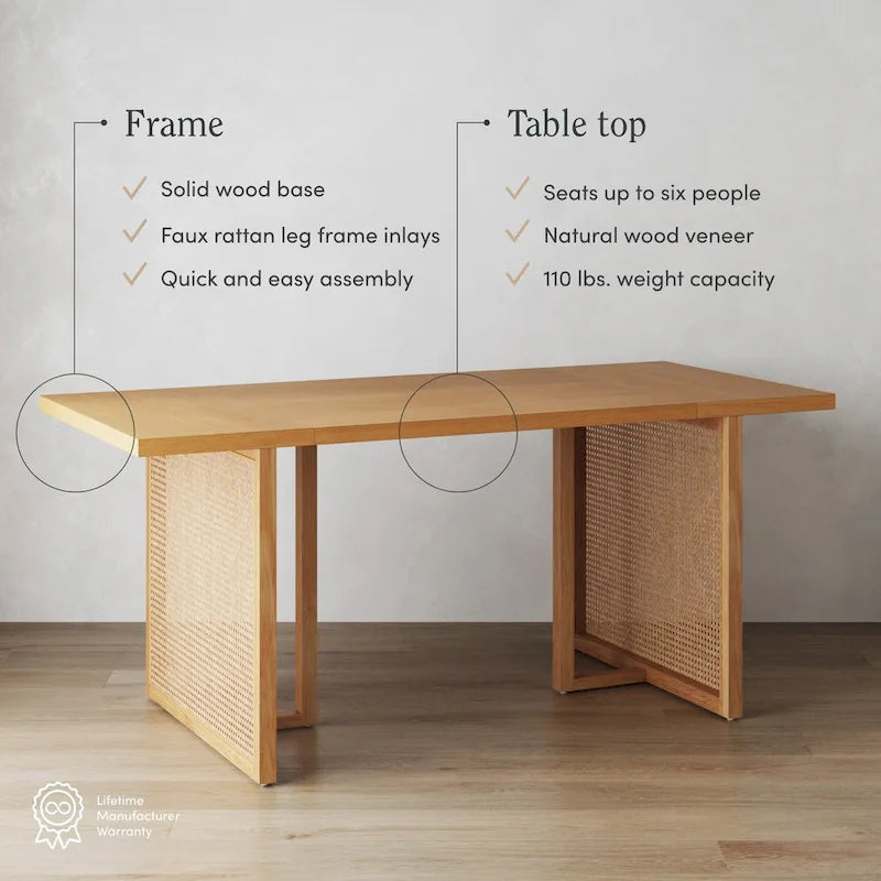 Willow Boho Dining Table for 6 with Solid Wood Legs, Dining Table with Bohemian Rattan Accent