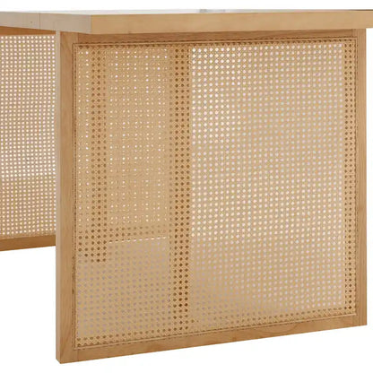 Willow Boho Dining Table for 6 with Solid Wood Legs, Dining Table with Bohemian Rattan Accent