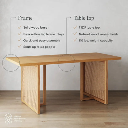 Willow Boho Dining Table for 6 with Solid Wood Legs, Dining Table with Bohemian Rattan Accent