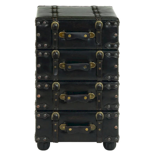 Faux Leather Vintage 4 Drawer Room Chest with Buckle Straps and Gold Stud Details - Black - Roche River Decor