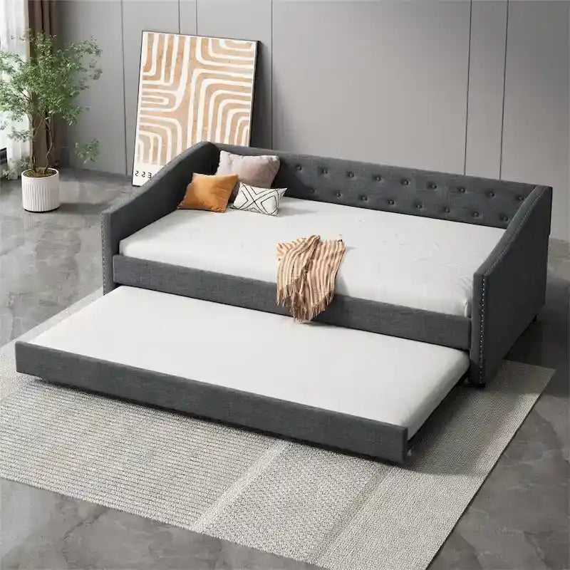 Twin Size Upholstered Tufted Daybed with Trundle and Copper Nail