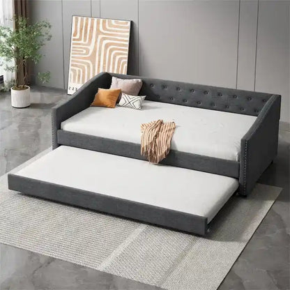 Twin Size Upholstered Tufted Daybed with Trundle and Copper Nail