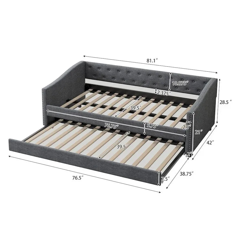 Twin Size Upholstered Tufted Daybed with Trundle and Copper Nail