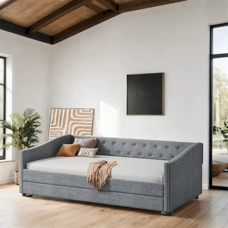 Twin Size Upholstered Tufted Daybed with Trundle and Copper Nail