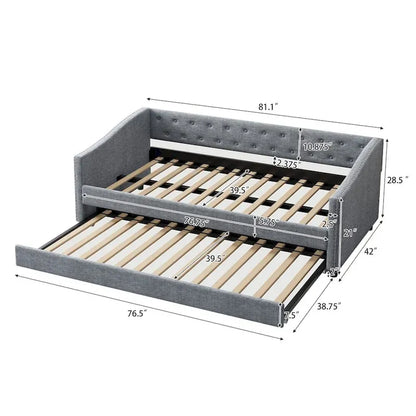 Twin Size Upholstered Tufted Daybed with Trundle and Copper Nail