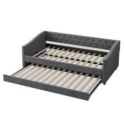 Twin Size Upholstered Tufted Daybed with Trundle and Copper Nail