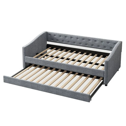 Twin Size Upholstered Tufted Daybed with Trundle and Copper Nail