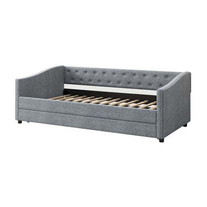 Twin Size Upholstered Tufted Daybed with Trundle and Copper Nail